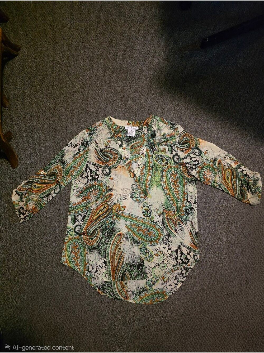 Vantarsi Green Paisley V-Neck Blouse Medium #BL33 - Picture 3 of 9